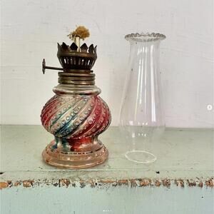 Vintage Glass Oil Lamp Mini Red Blue Swirl Bottom Clear Scalloped Top Hong Kong
